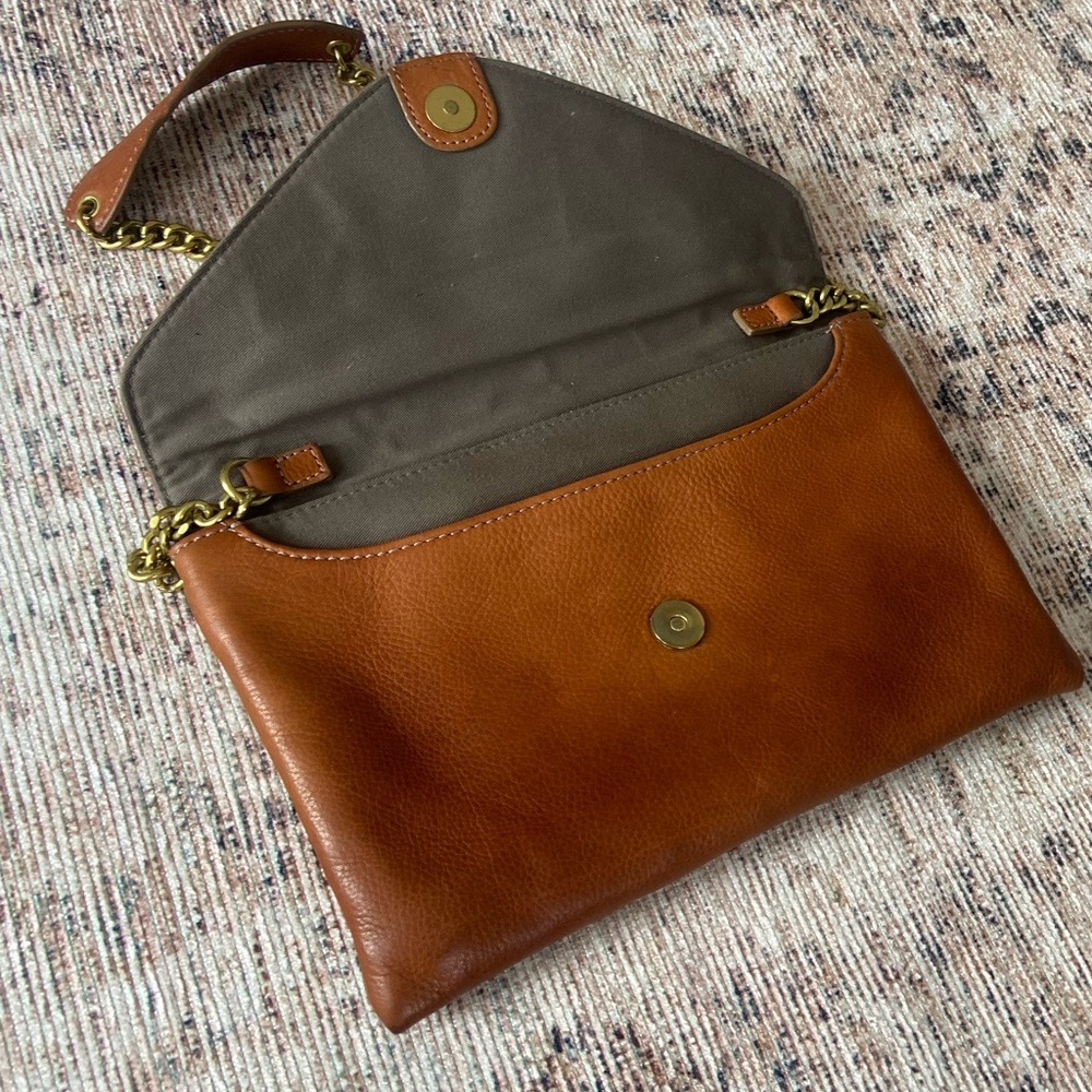 ๐SOLD J. Crew Tan Leather Chain Strap Envelope Clutch Shoulder Bag - Picture 4 of 8